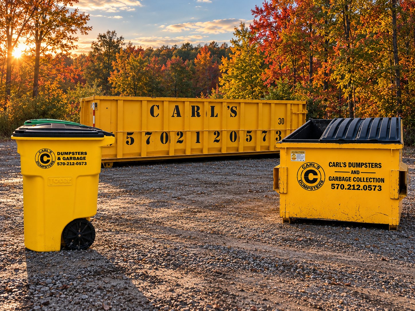 A Carl's Dumpsters truck dropping off a roll-off dumpster in a customer's driveway